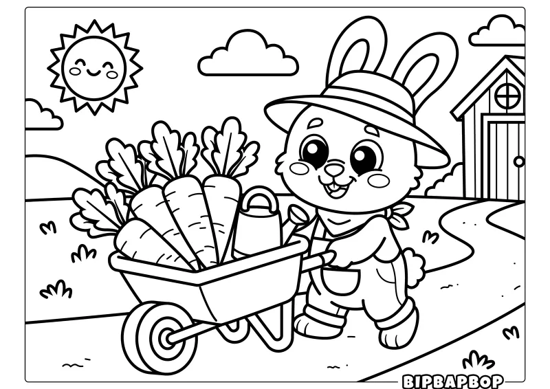A bunny farmer with a wheelbarrow full of carrots
