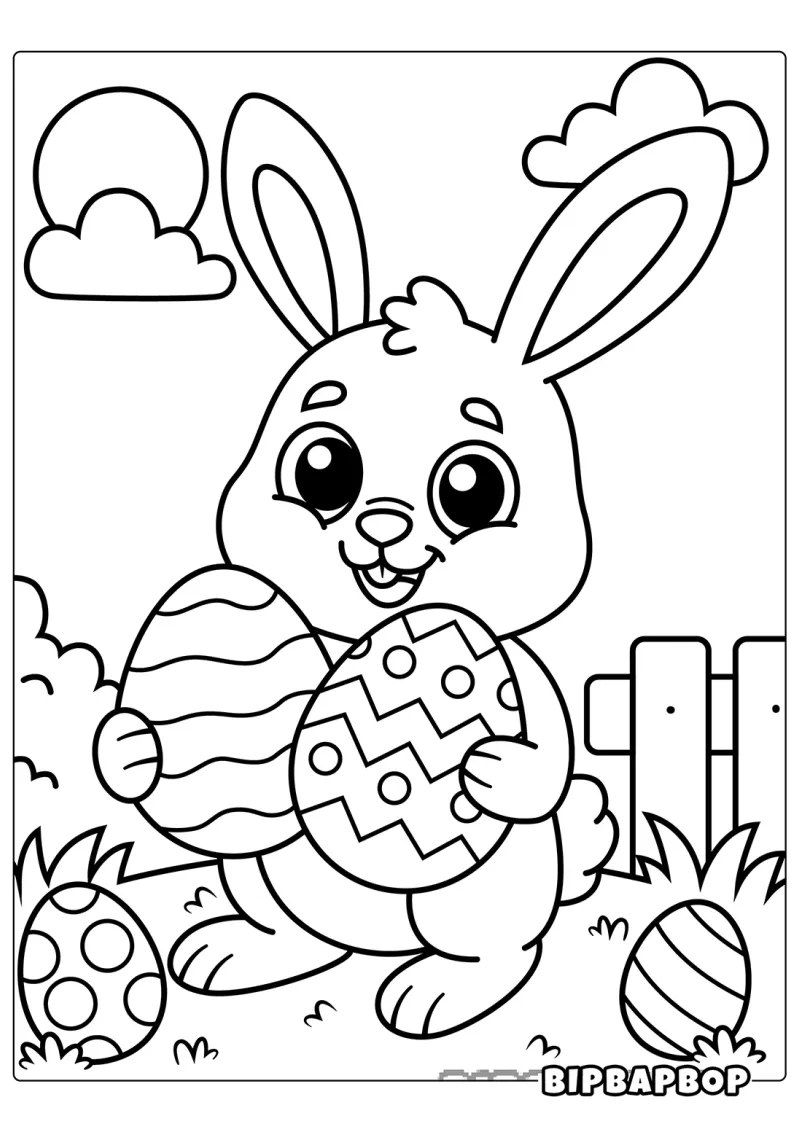 A bunny holding Easter eggs