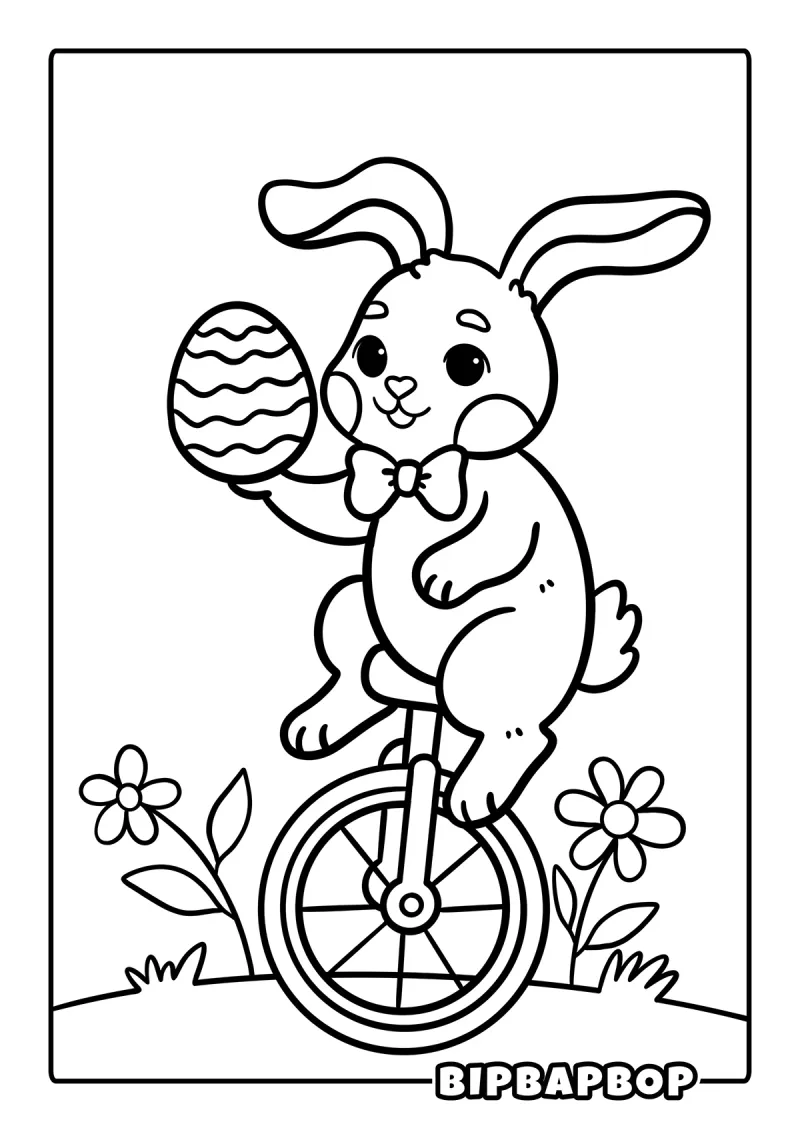 A bunny on a unicycle carrying an egg