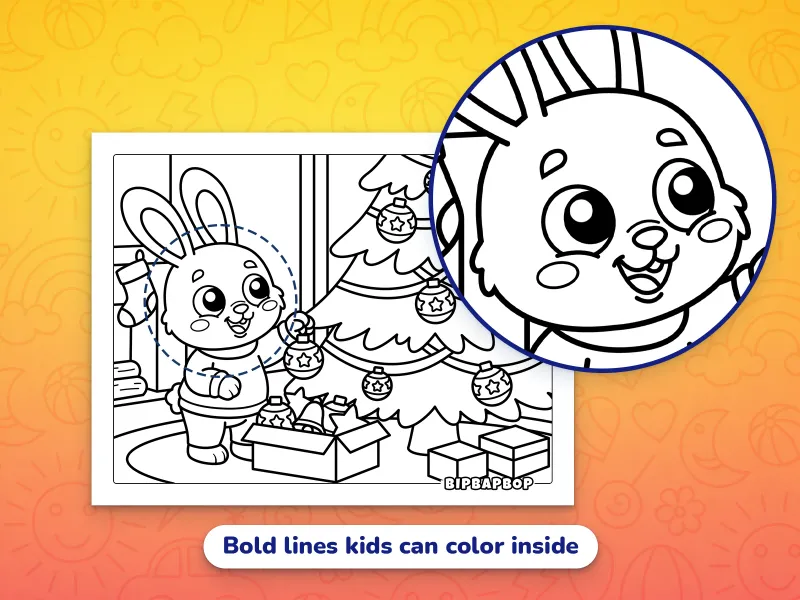 A close up of a baby bunny decorating a Christmas tree, demonstrating the bold lines that kids can color inside