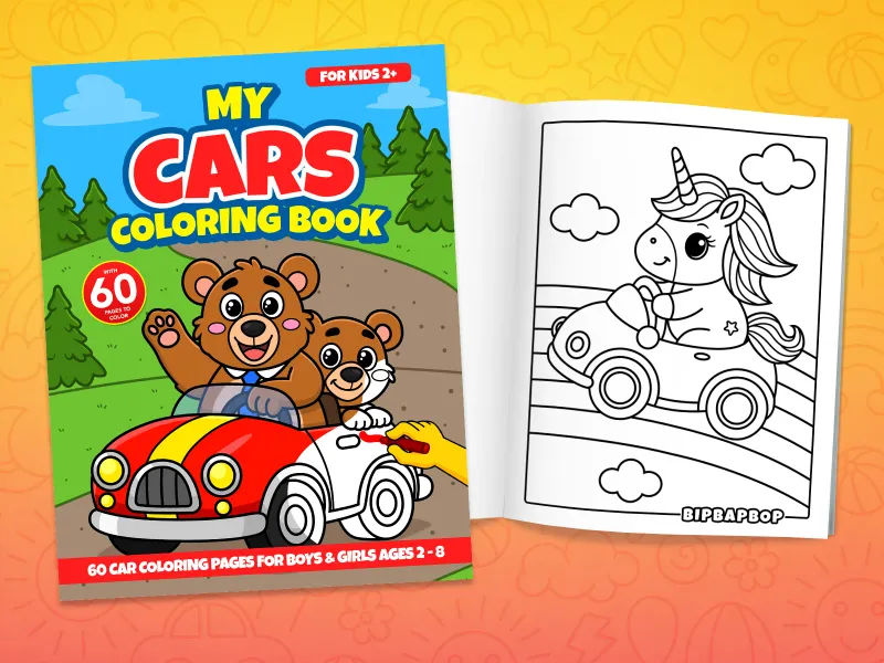 Car coloring book front cover showing a family of bears in a convertible and an internal page with a unicorn racing along a rainbow