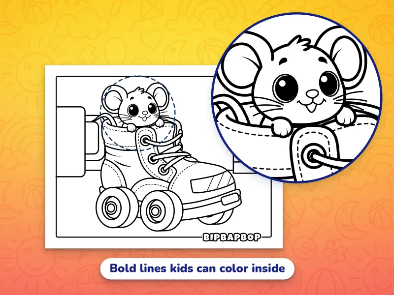 A close up of a mouse peeking out of a rollerskate demonstrating the bold designs which help kids color inside the lines
