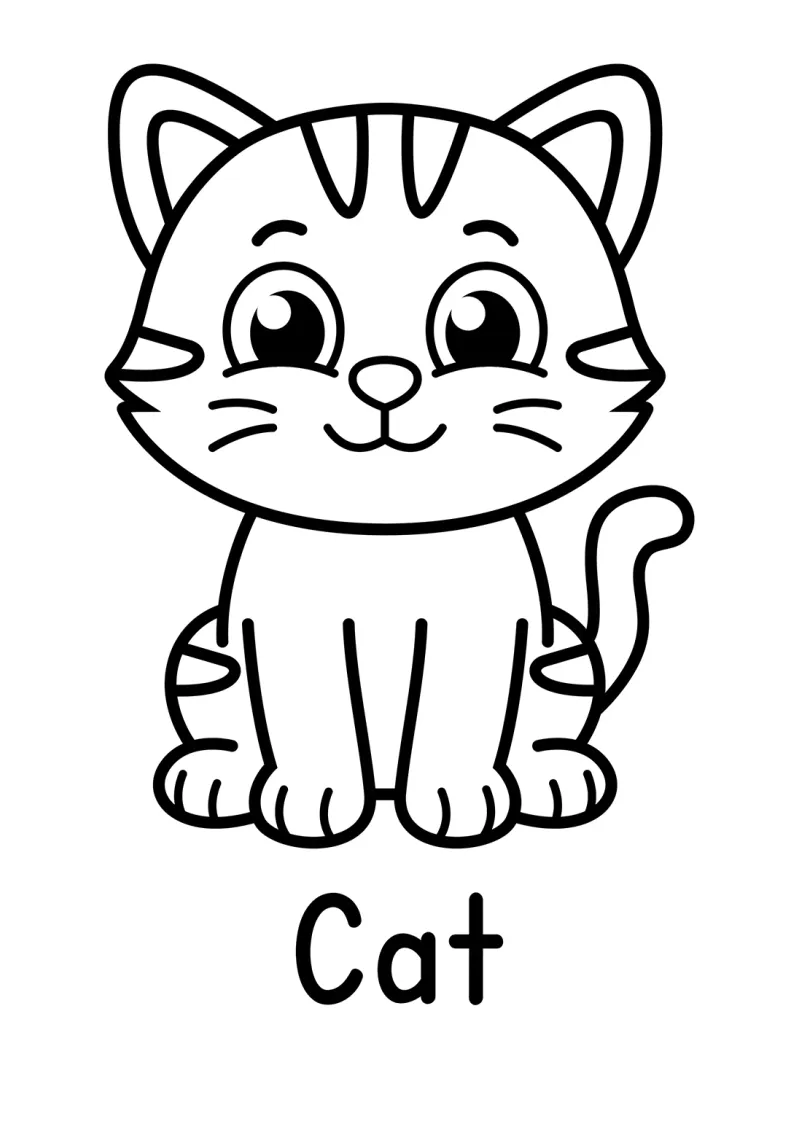 A cat first words coloring page