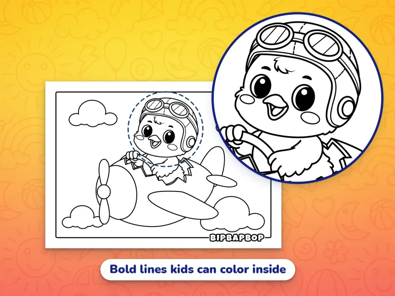A close up of a chick flying an egg-shaped airplane, demonstrating the bold lines that kids can color inside