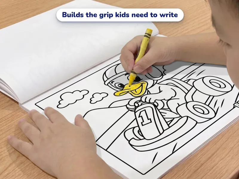 Child with a crayon coloring a picture of a duck driving a go cart