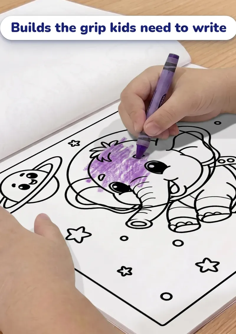 Child with a crayon coloring a picture of an elephant astronaut
