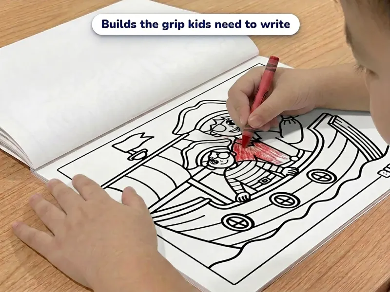 Child with a crayon coloring a picture of father and son pirates