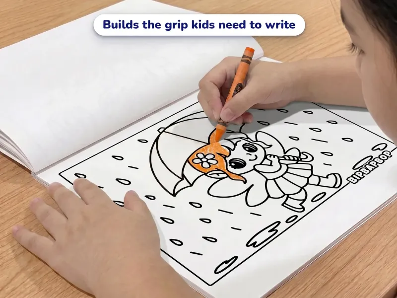 Child with a crayon coloring a picture of a girl with an umbrella splashing through puddles in the rain