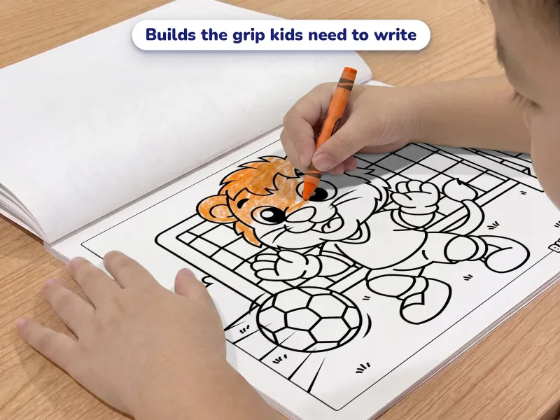 Child with a crayon coloring a picture of a lion goalkeeper