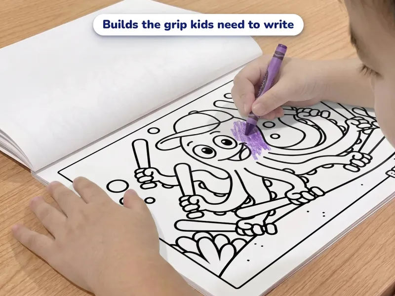 Child with a crayon coloring a picture of an octopus batter with 8 bats