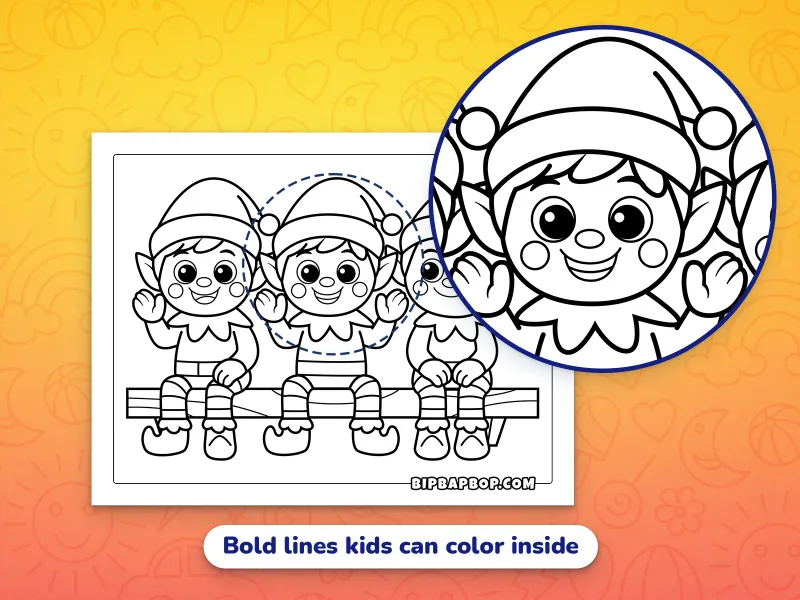 A close up of three elves sitting on a shelf, demonstrating the bold lines that kids can color inside