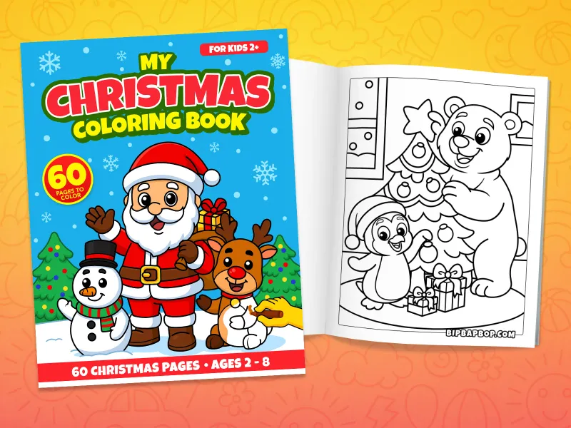Christmas coloring book front cover showing Santa with a reindeer and a snowman, and an internal page with a penguin and a bear decorating an xmas tree