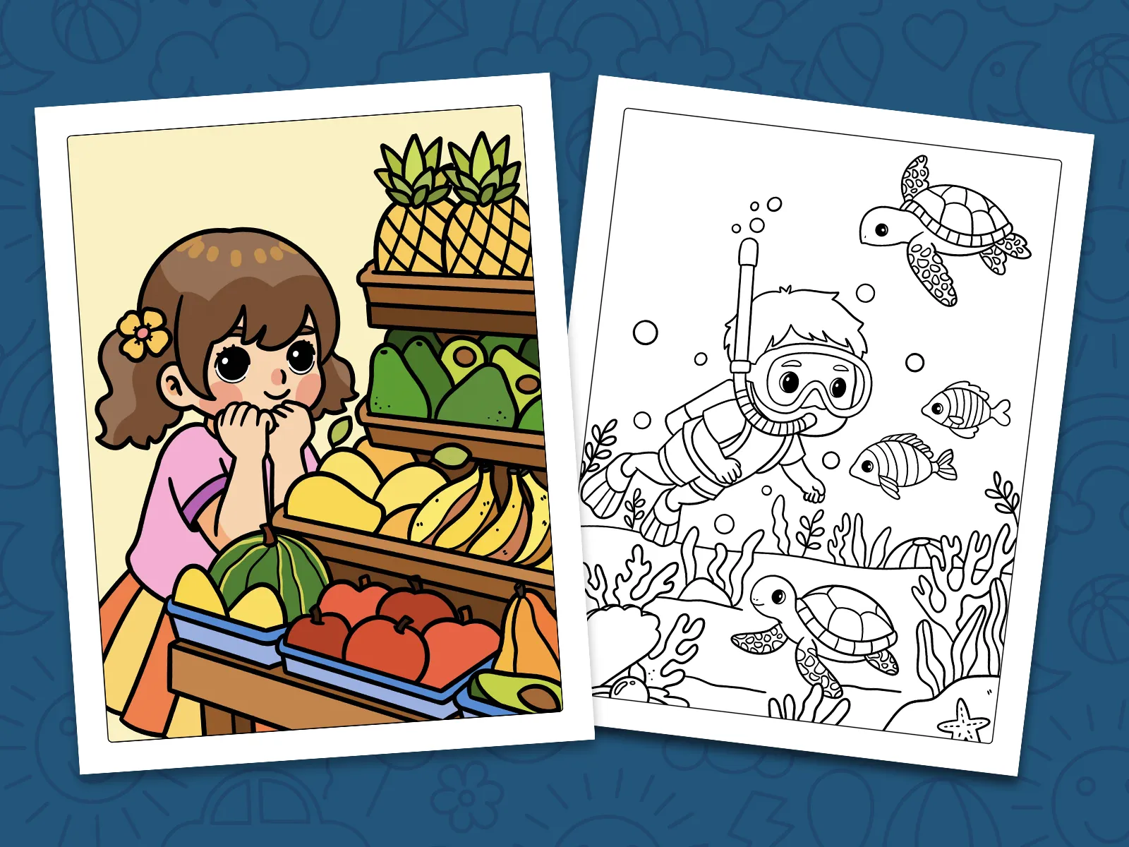 A coloring page for ages 6 to 8: a full scene with patterns and several things happening at once.