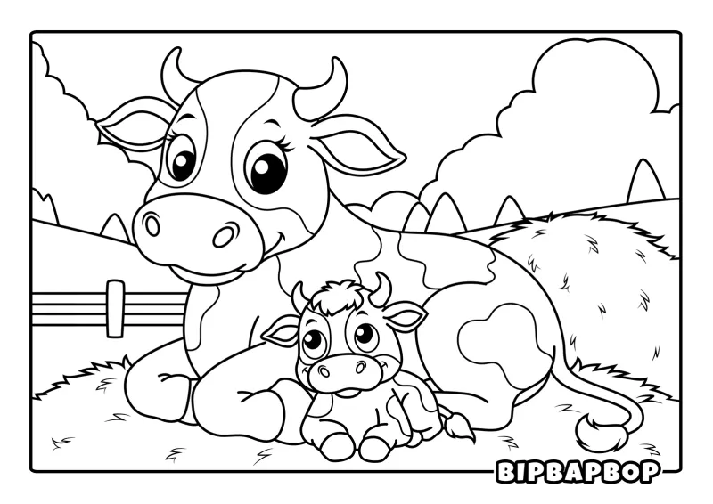 A cute cow sitting with a calf in a field
