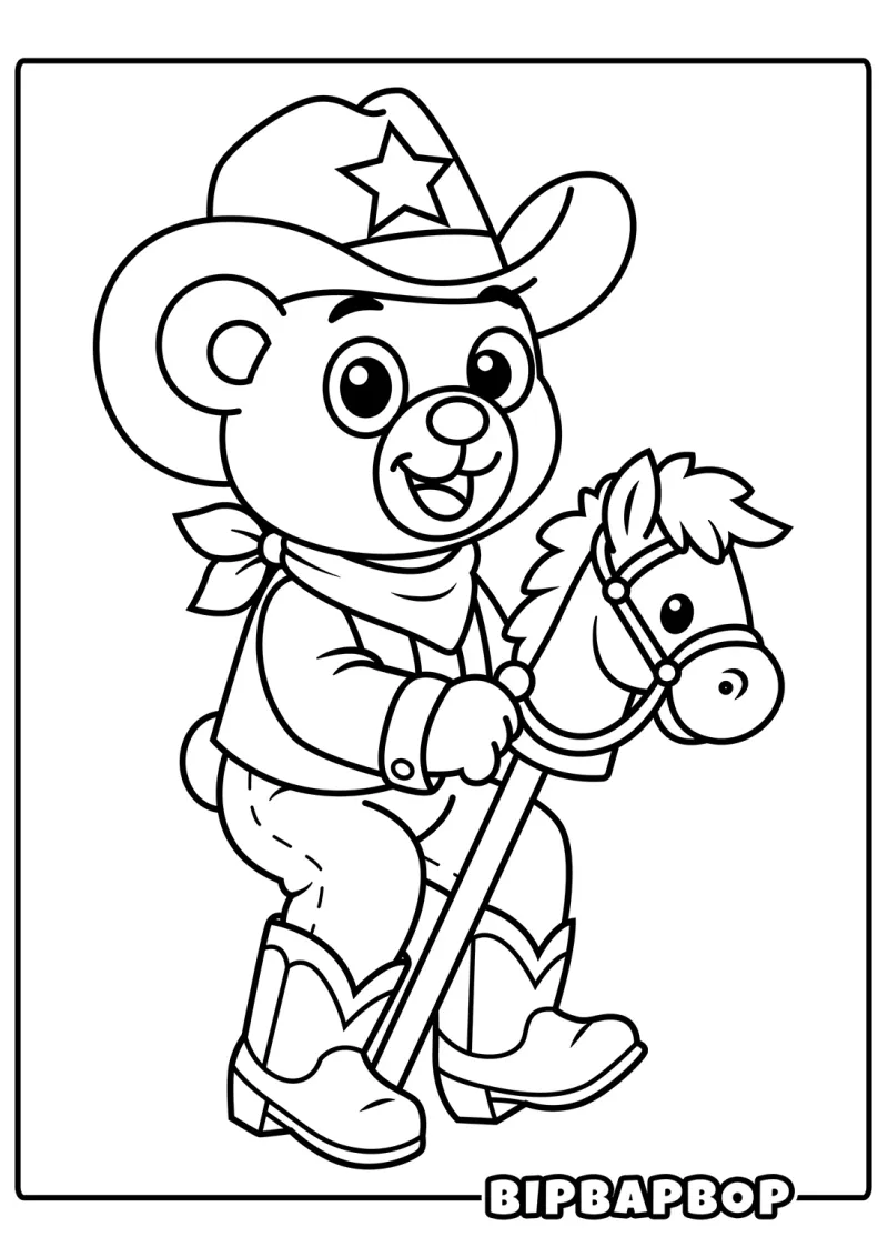 A cowboy sheriff bear riding a hobby horse