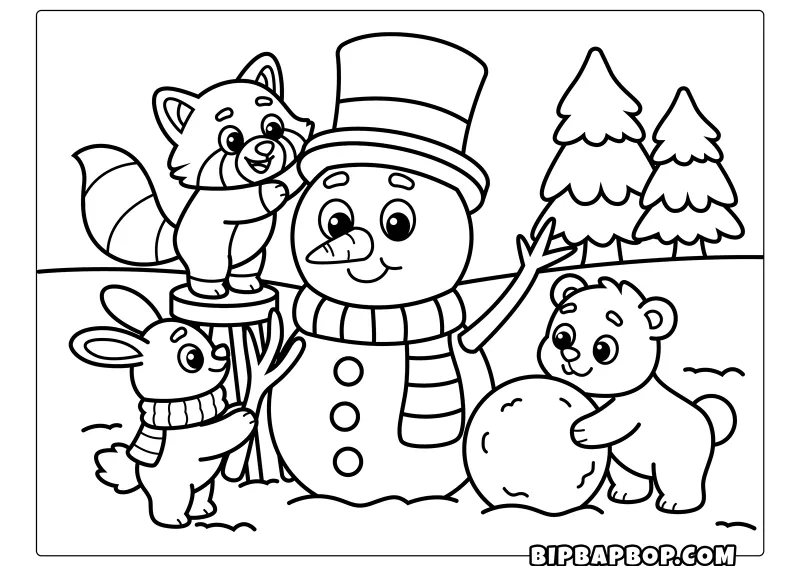 Cute animals making a snowman