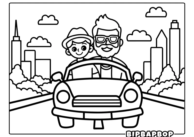 A dad and his son driving in a city