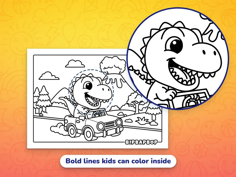 A cute dino driving a car demonstrating the bold designs which help kids color inside the lines