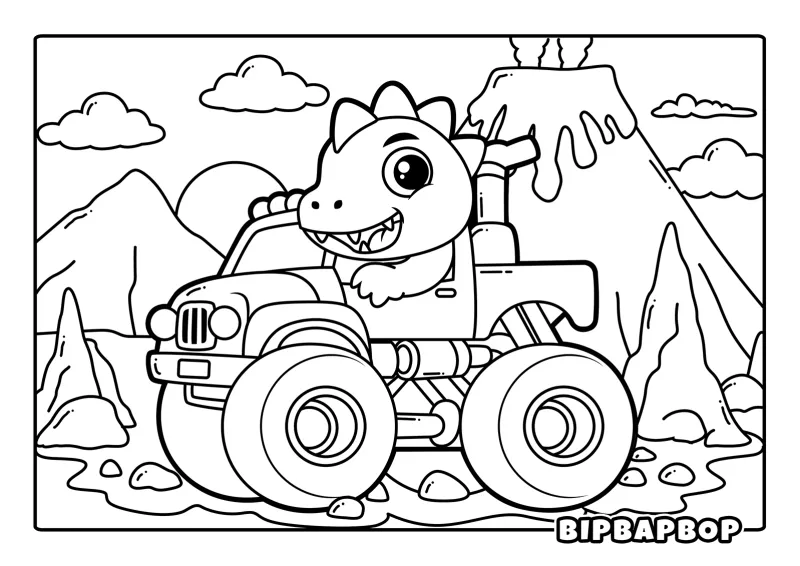 A dinosaur driving a monster truck