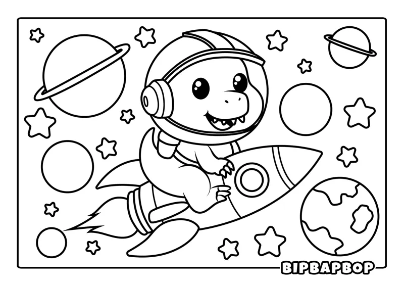 A dino astronaut flying a rocket into space