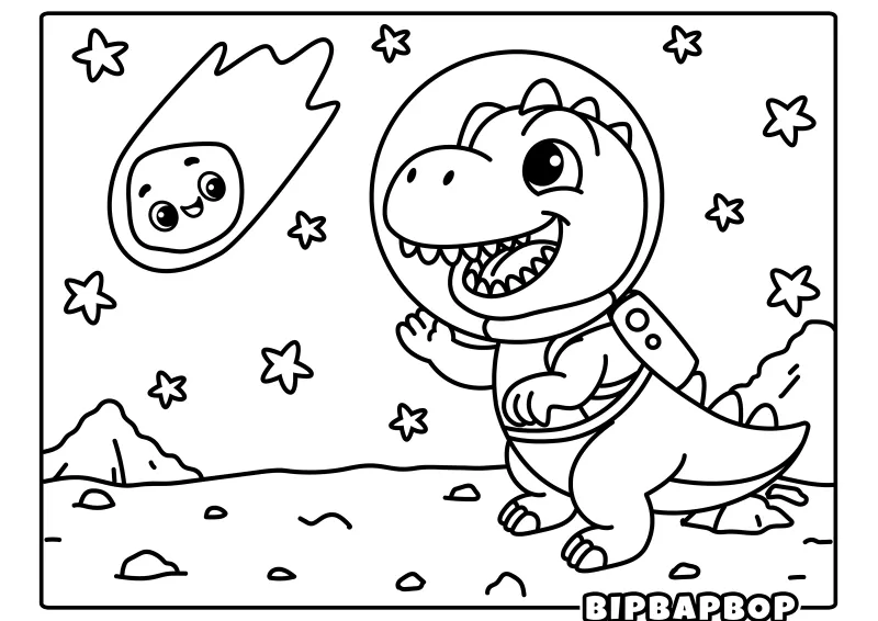 A dinosaur astronaut looking at a comet