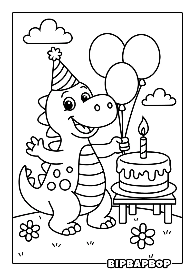A happy dino with balloons, cake and a birthday hat