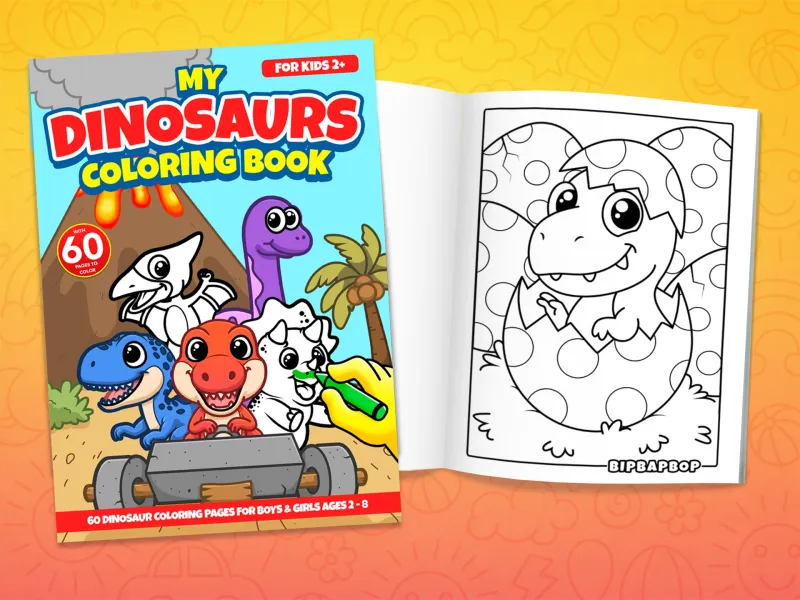 Dinosaur coloring book front cover showing a group of dinos in a prehistoric car and an internal page with a baby dino popping out of an egg shell