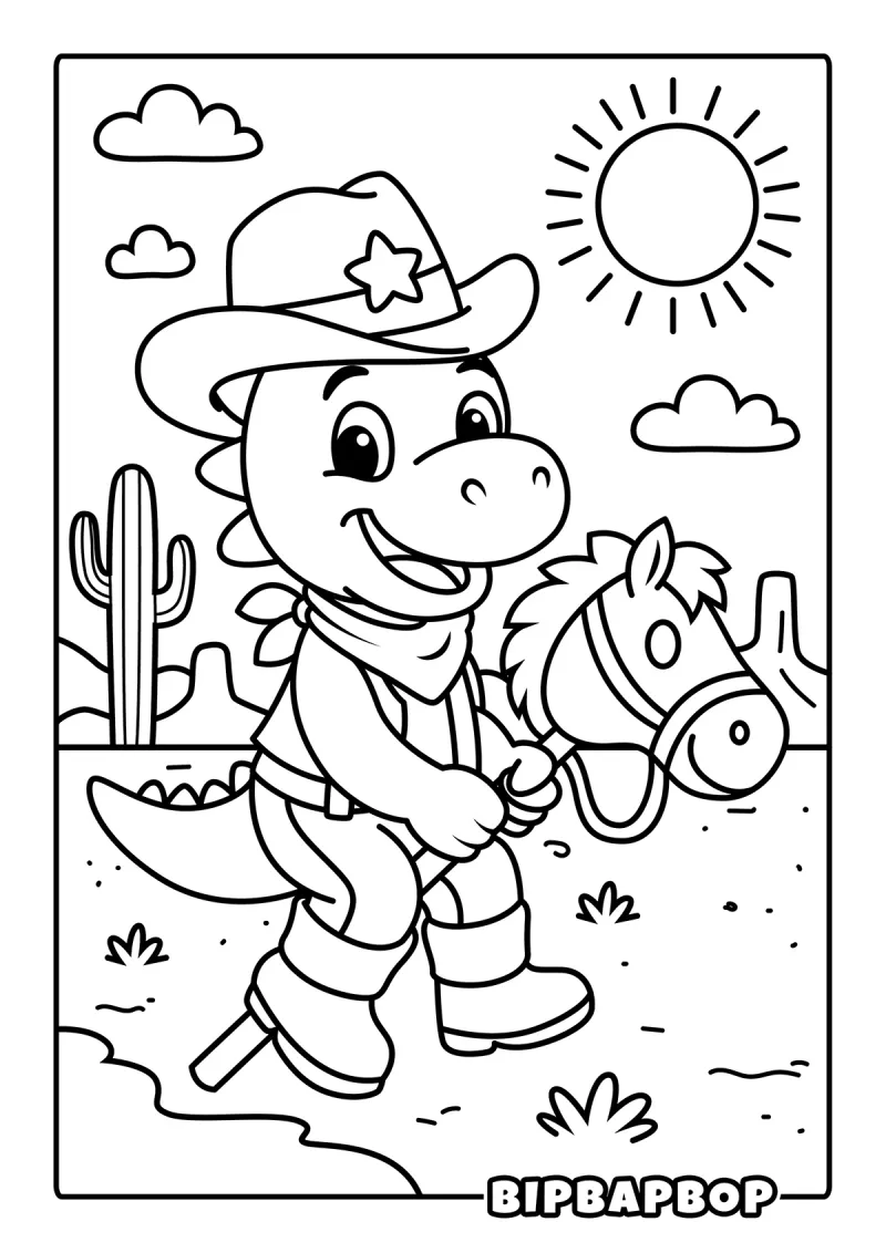A dinosaur sheriff riding a hobby horse in the desert