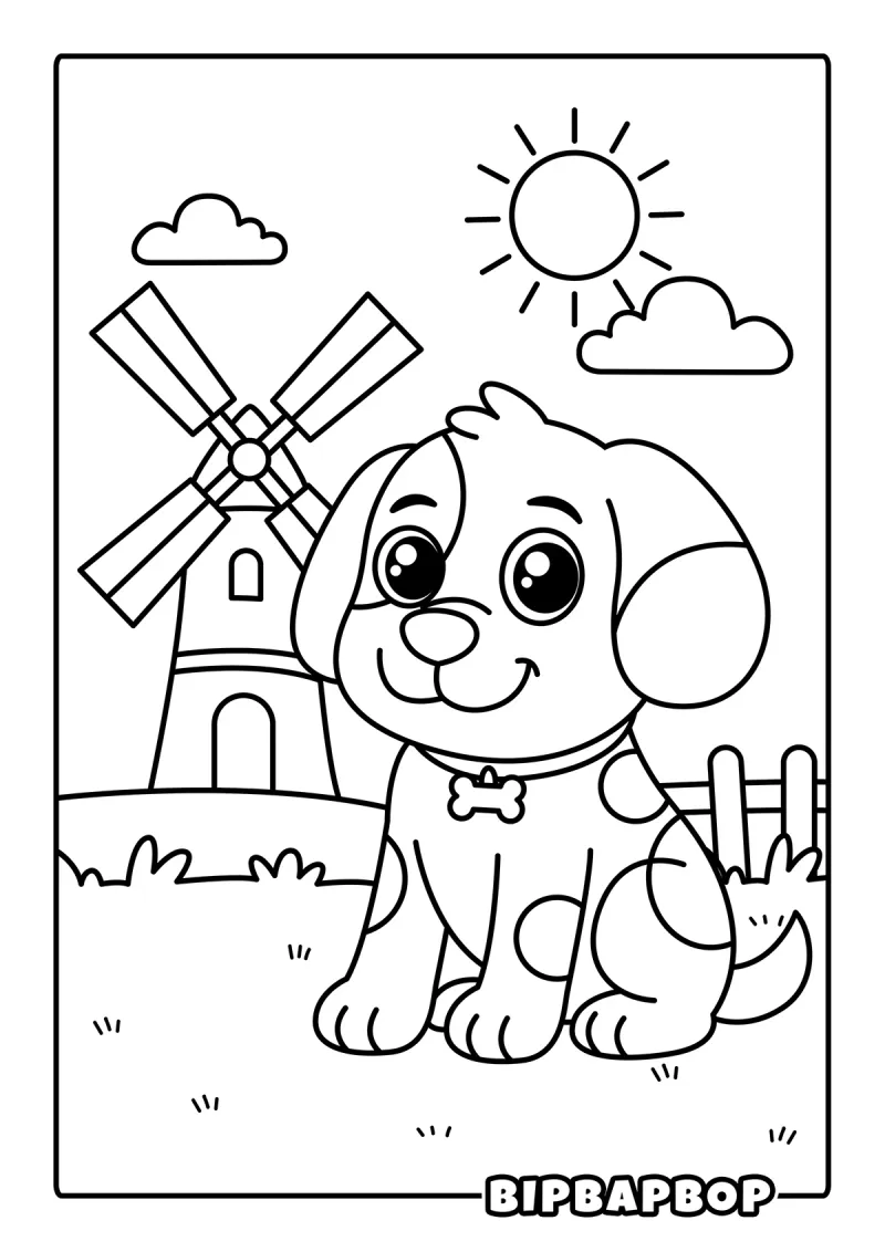 A farm dog sitting in front of a windmill