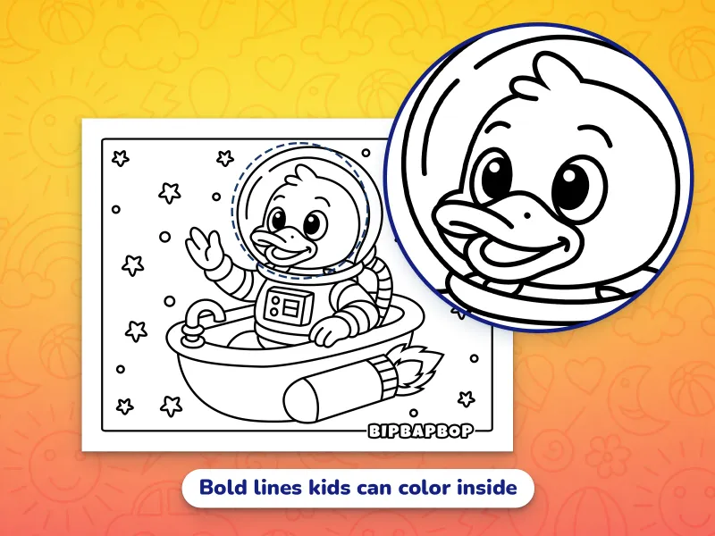 A close up of a duck flying a bathtub rocket in space