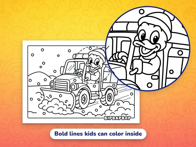 A close-up of a duck driving a snow plough demonstrating the bold designs which help kids color inside the lines