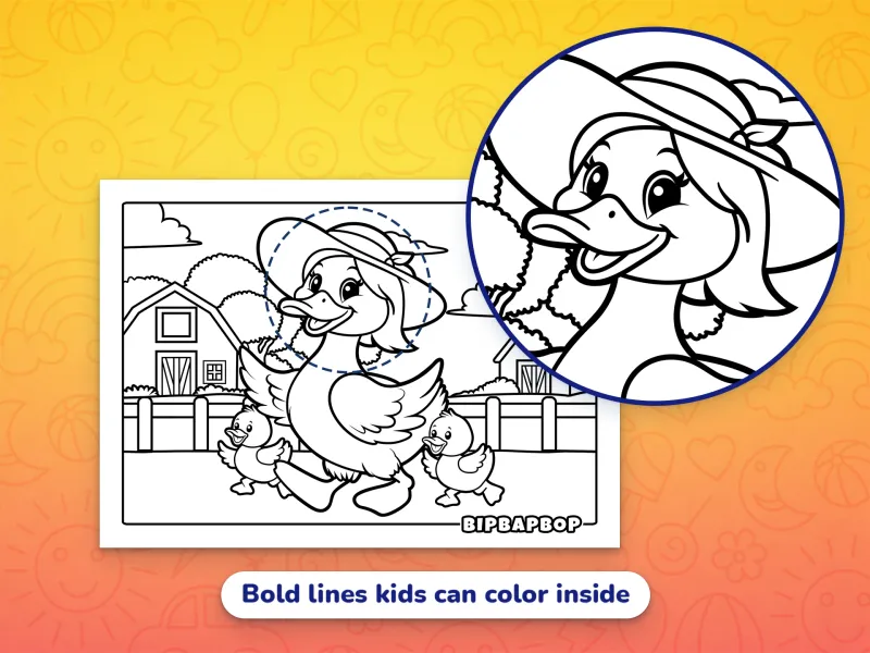 A close-up of a mommy duck in a hat walking with her ducklings demonstrating the bold designs which help kids color inside the lines