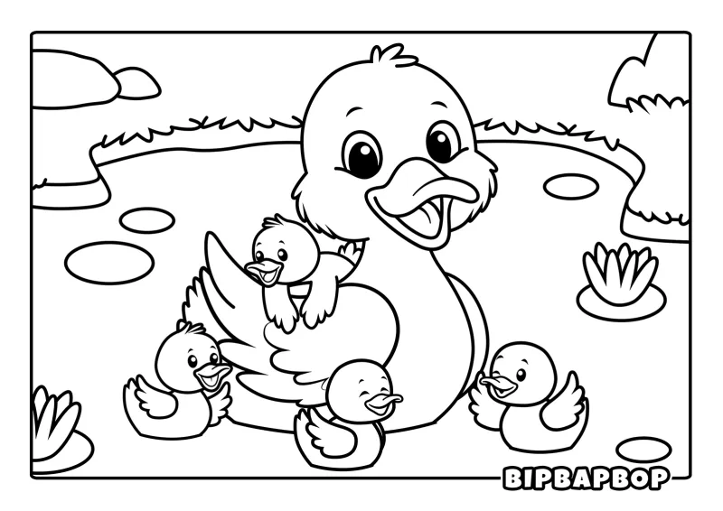 A duck with baby ducklings swimming together in a pond