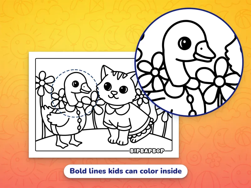A close up of a duck meeting a kitten demonstrating the bold designs which help kids color inside the lines