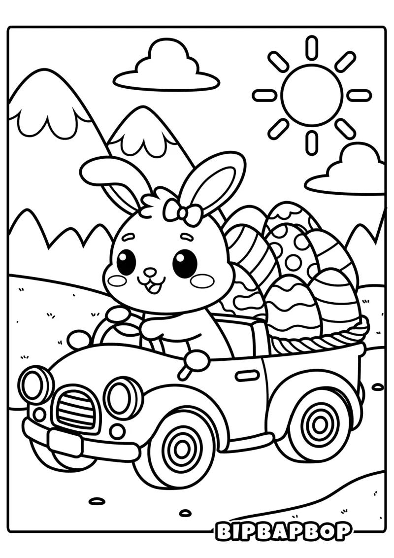 An Easter bunny driving a car full of eggs