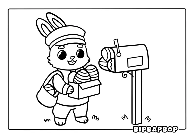 An Easter bunny mailman delivering eggs to a mailbox