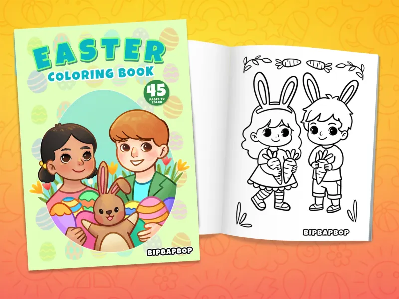 Easter coloring book front cover showing kids holding eggs and an easter bunny