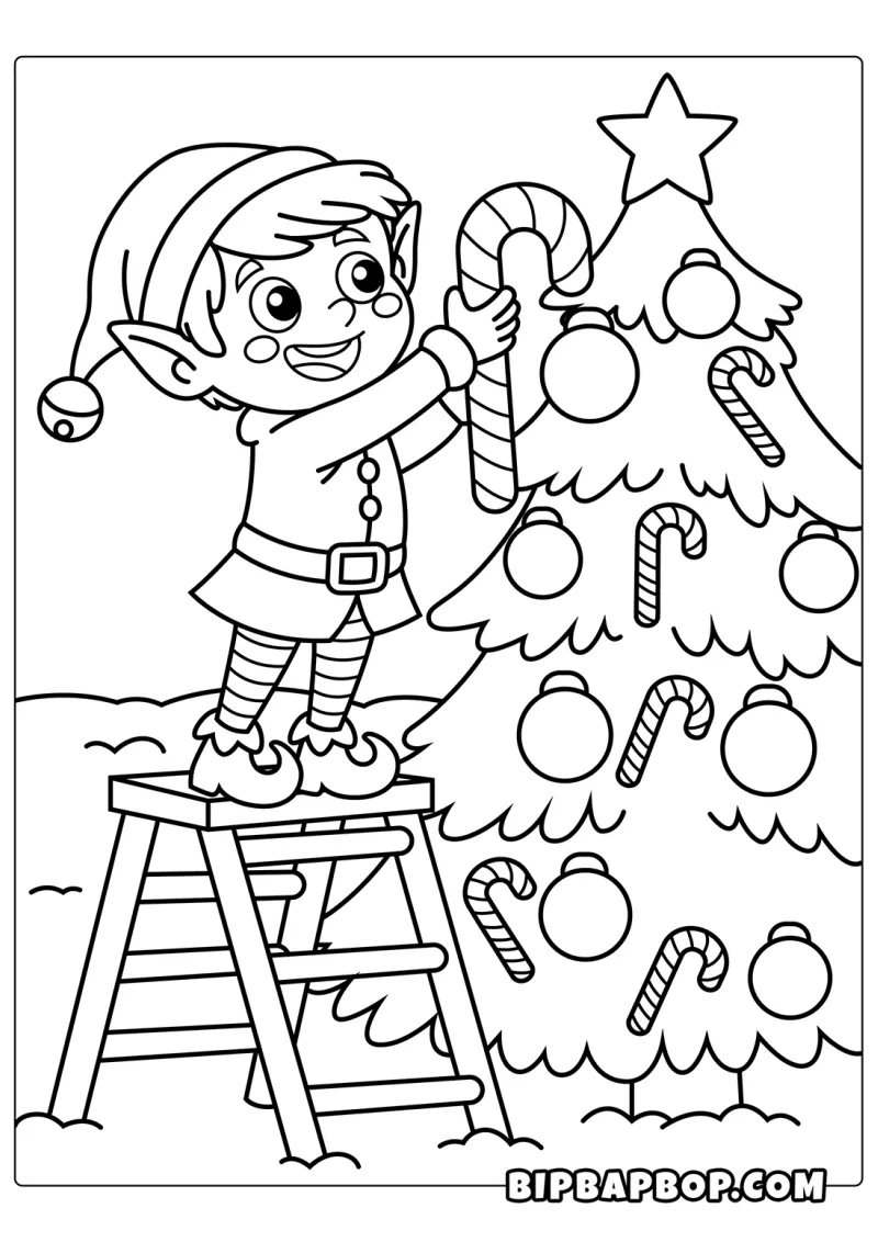 An elf putting candy canes on an xmas tree