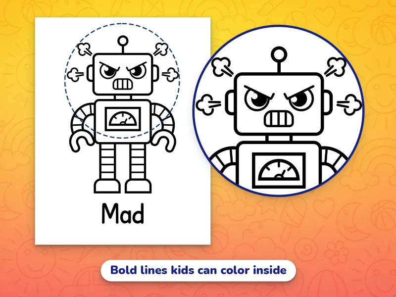 A close up of a mad robot, demonstrating the bold lines that kids can color inside
