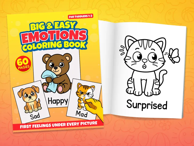 Emotions coloring book front cover showing a sad dog, a happy bear, and a mad cat, and an internal page with a surprised cat picture