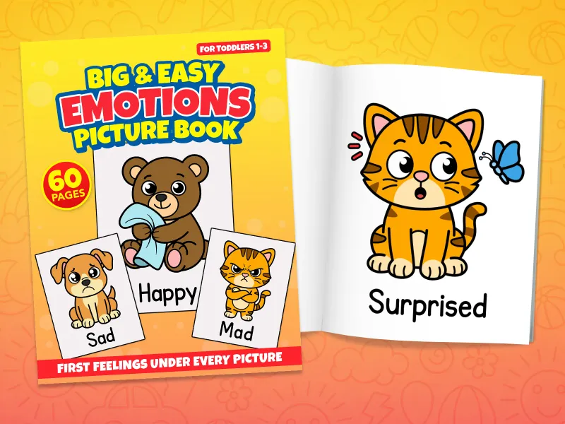 Emotions picture book front cover showing a sad dog, a happy bear, and a mad cat, and an internal page with a surprised cat picture