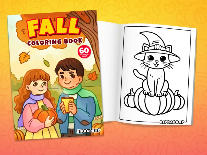 Fall coloring book front cover showing kids wrapped up in scarves carrying a pumpkin and a warm drink