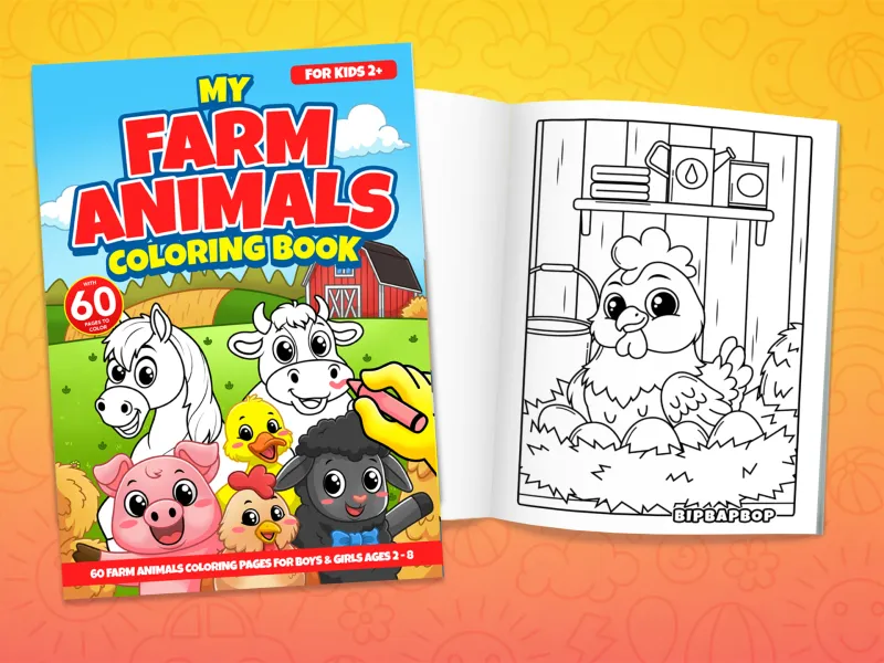 Farm animals coloring book front cover showing a horse, a cow, a pig, a duck, a hen and a black sheep, with an internal page showing a broody hen sitting on her eggs in a barn