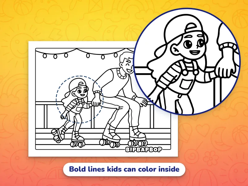 A close up of a father rollerskating with his daughter, demonstrating the bold lines that kids can color inside
