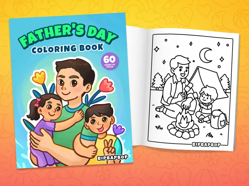 Father's Day coloring book front cover showing a dad with his kids and an internal page with a dad and his son roasting marshmallows round a fire