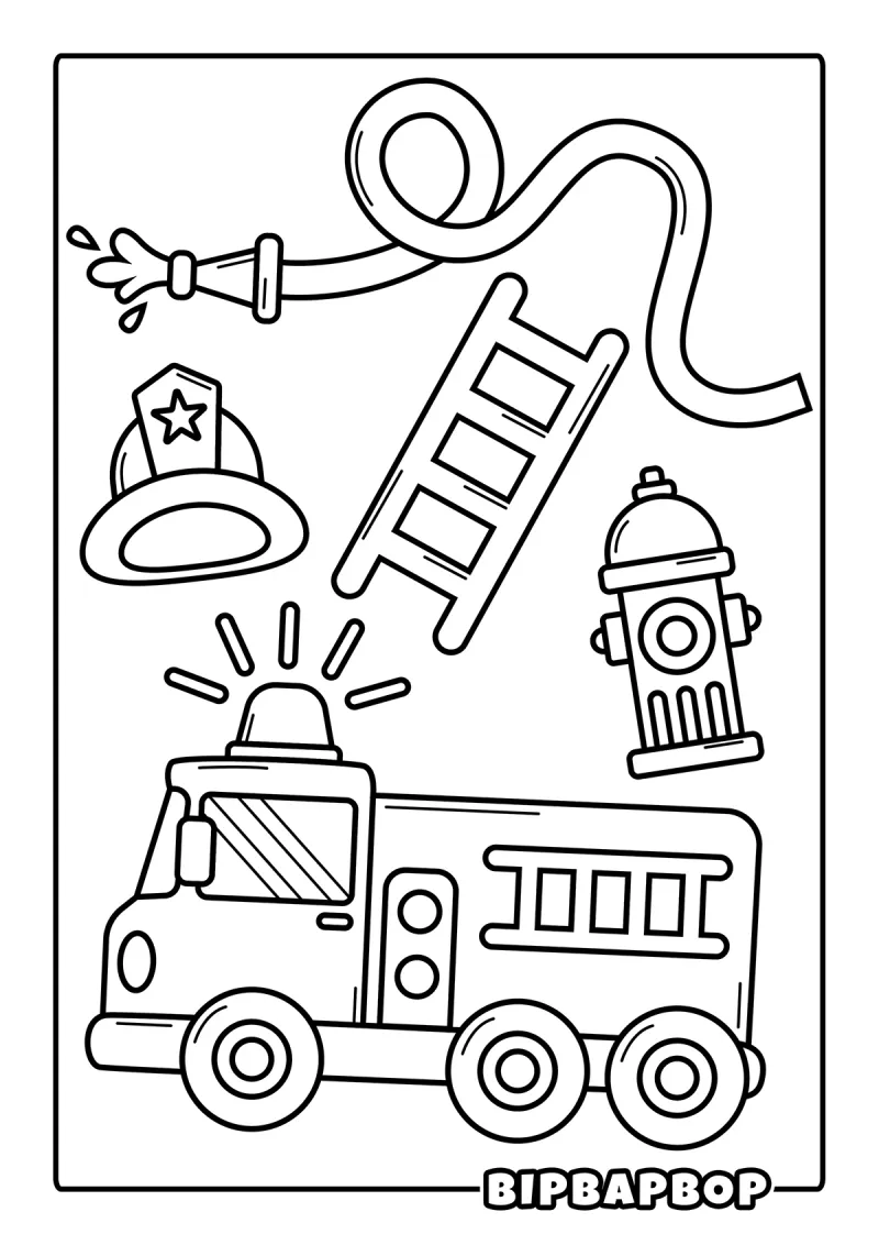 A fire truck with a hose and a ladder