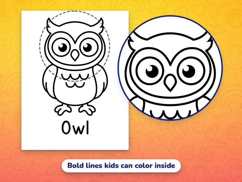 A close up of an owl, demonstrating the bold lines that kids can color inside