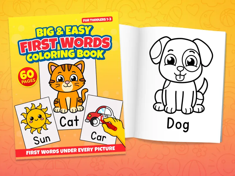 First Words coloring book front cover showing a cat, a sun, and a car, and an internal page with a dog picture