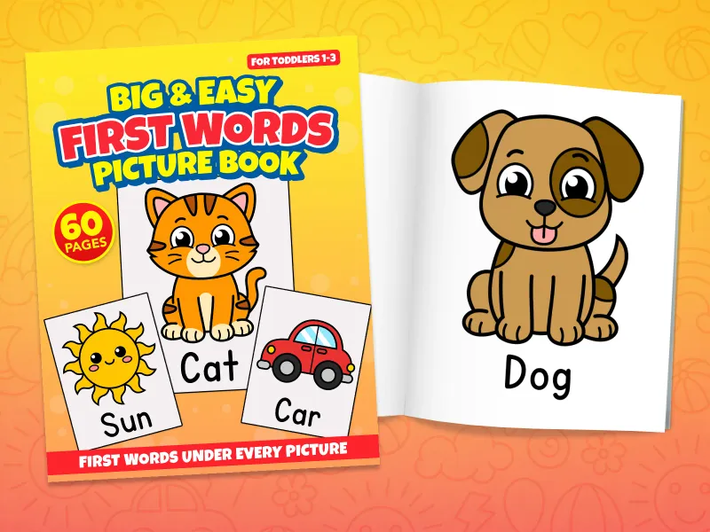 First Words picture book front cover showing a cat, a sun, and a car, and an internal page with a dog picture