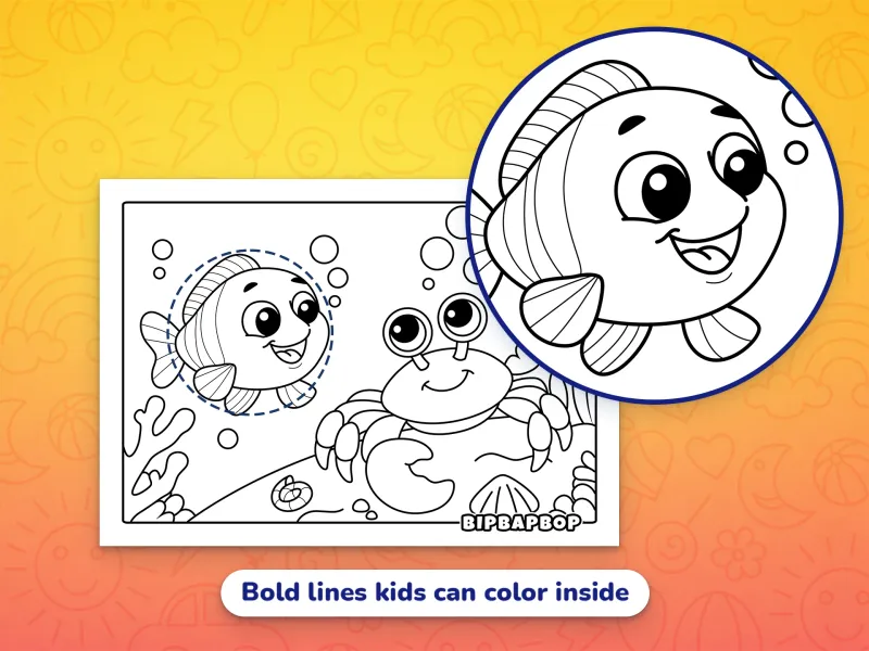 A close up of a crab waving at a fish demonstrating the bold designs which help kids color inside the lines